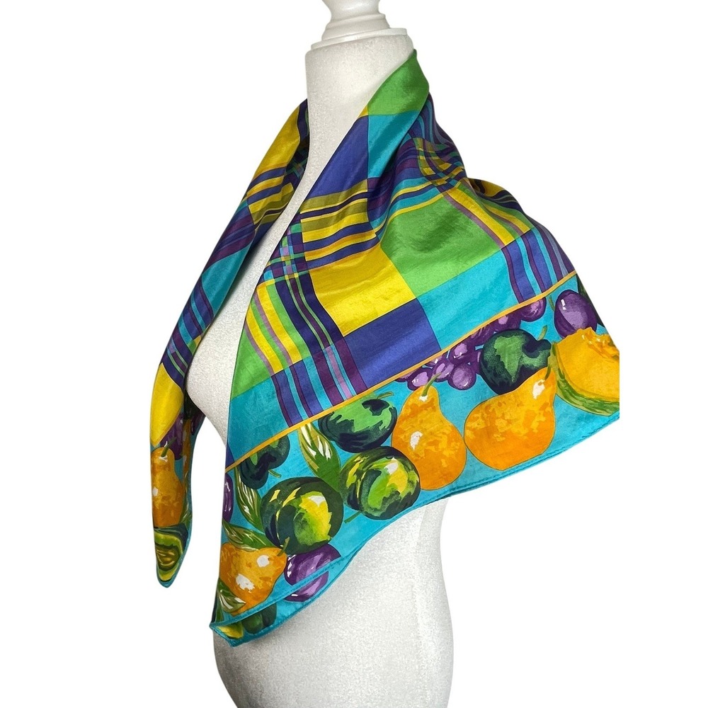 Echo Vintage Silk Blend Square Scarf Plaid Fruit Border Multicolor Made in Japan - Picture 4 of 13